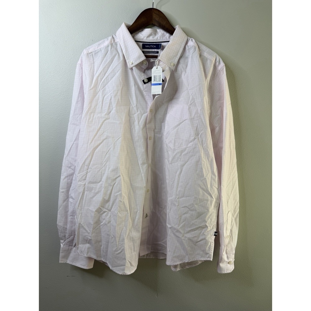 Nautica Dress Shirt Mens XL‎ Pink Gingham Wrinkle Resistant Stretch